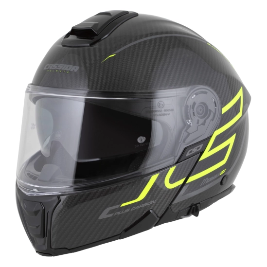 CASSIDA Modulo 2.1 Plus Carbon, výklopná přilba (carbon/žlutá fluo/reflexní stříbrná/černá)