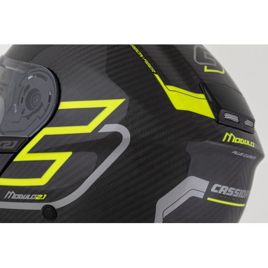 CASSIDA Modulo 2.1 Plus Carbon, výklopná přilba (carbon/žlutá fluo/reflexní stříbrná/černá)