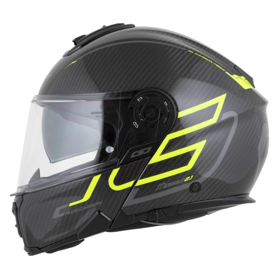 CASSIDA Modulo 2.1 Plus Carbon, výklopná přilba (carbon/žlutá fluo/reflexní stříbrná/černá)