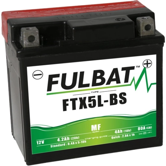 FULBAT baterie 12V, YTX5L-BS, 4Ah, 80A, bezúdržbová MF AGM 113x70x105, vč. balení elektrolytu