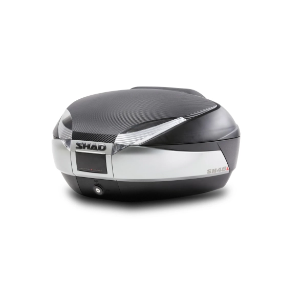 SHAD SH48 D0B48406R Nový titan s opěrkou, karbonový kryt a zámek PREMIUM SMART, vrchní kufr na motorku